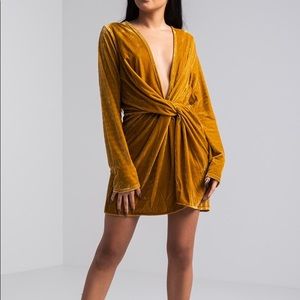 Plunging Mini yellow velvet dress w/ knotted front